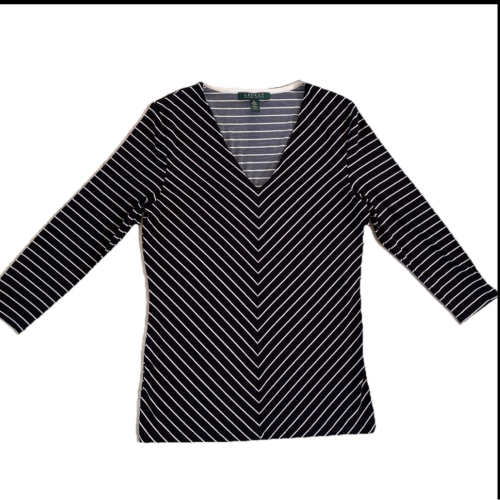 Lauren Ralph Lauren Black & White 3/4 Sleeves Chevron Top Medium EUC